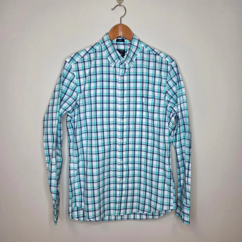 J. Crew Flex‎ Washed Slim Fit Button Down Shirt Men's Medium Blue Green Plaid